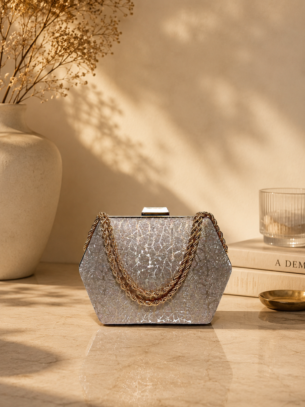 Desenli Parıltılı Portföy El Çantası - Abiye Clutch