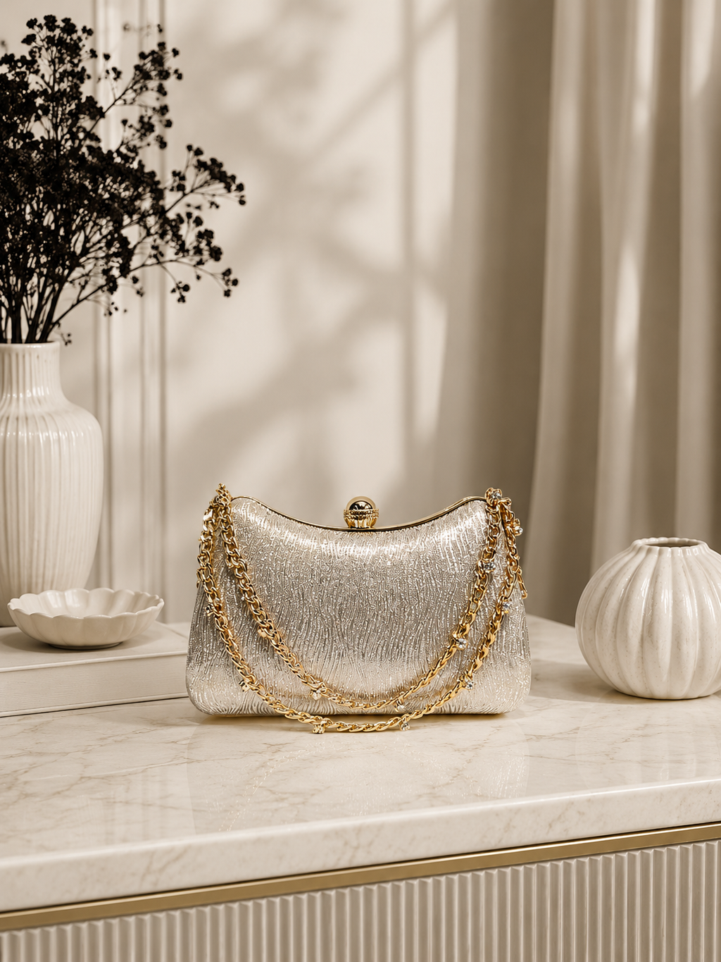 Çizgili Parıltılı Portföy El Çantası - Abiye Clutch