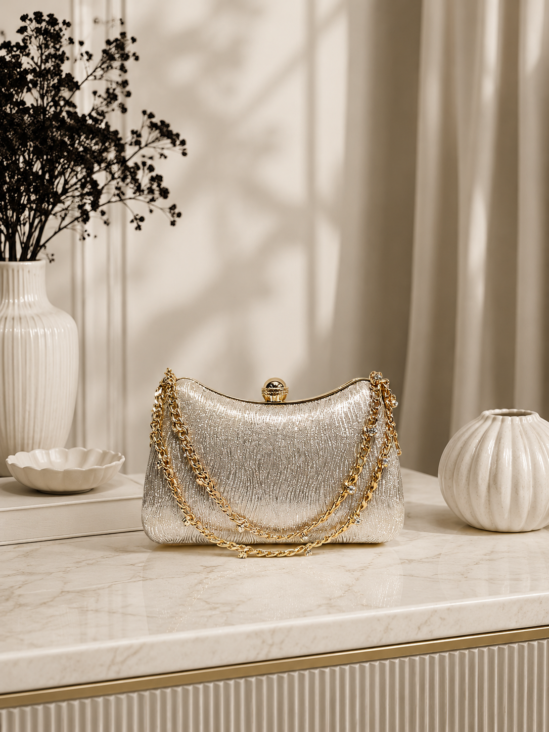 Çizgili Parıltılı Portföy El Çantası - Abiye Clutch