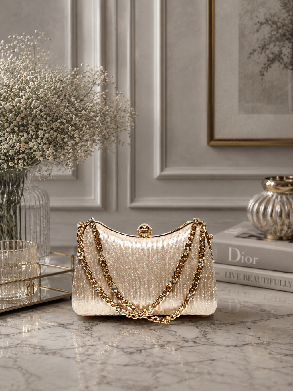 Çizgili Parıltılı Portföy El Çantası - Abiye Clutch