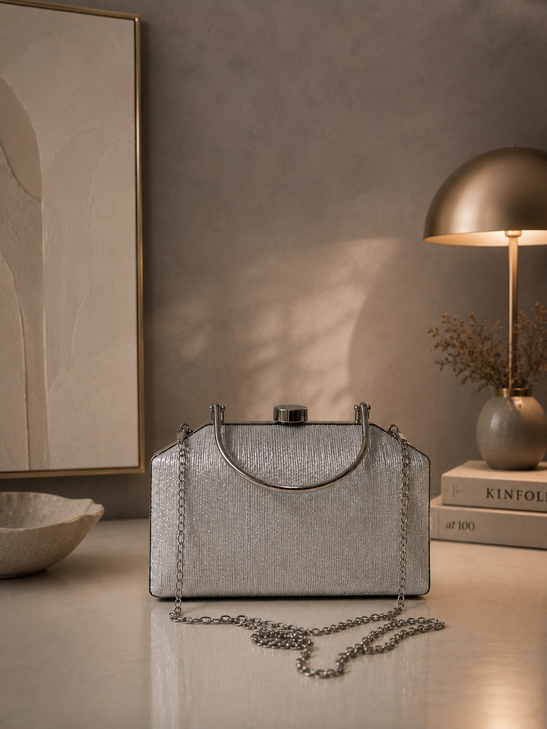 Çizgili Parıltılı Portföy El Çantası - Abiye Clutch