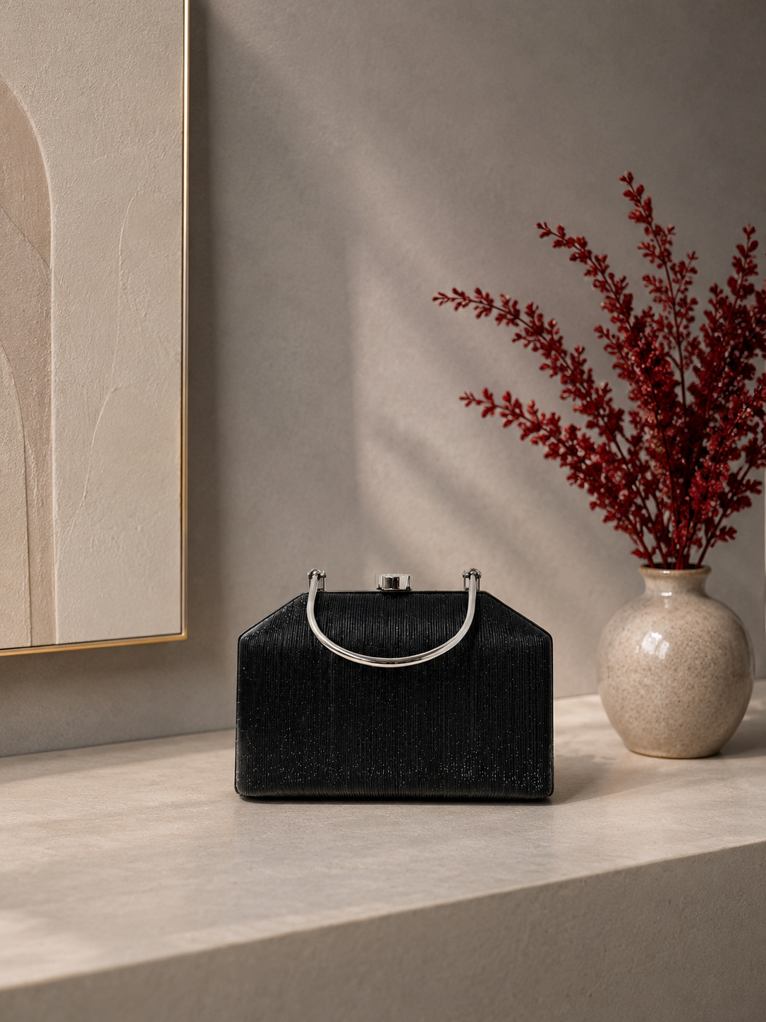 Çizgili Parıltılı Portföy El Çantası - Abiye Clutch