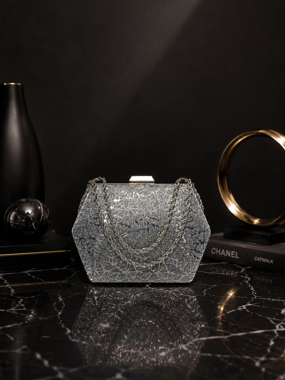 Desenli Parıltılı Portföy El Çantası - Abiye Clutch