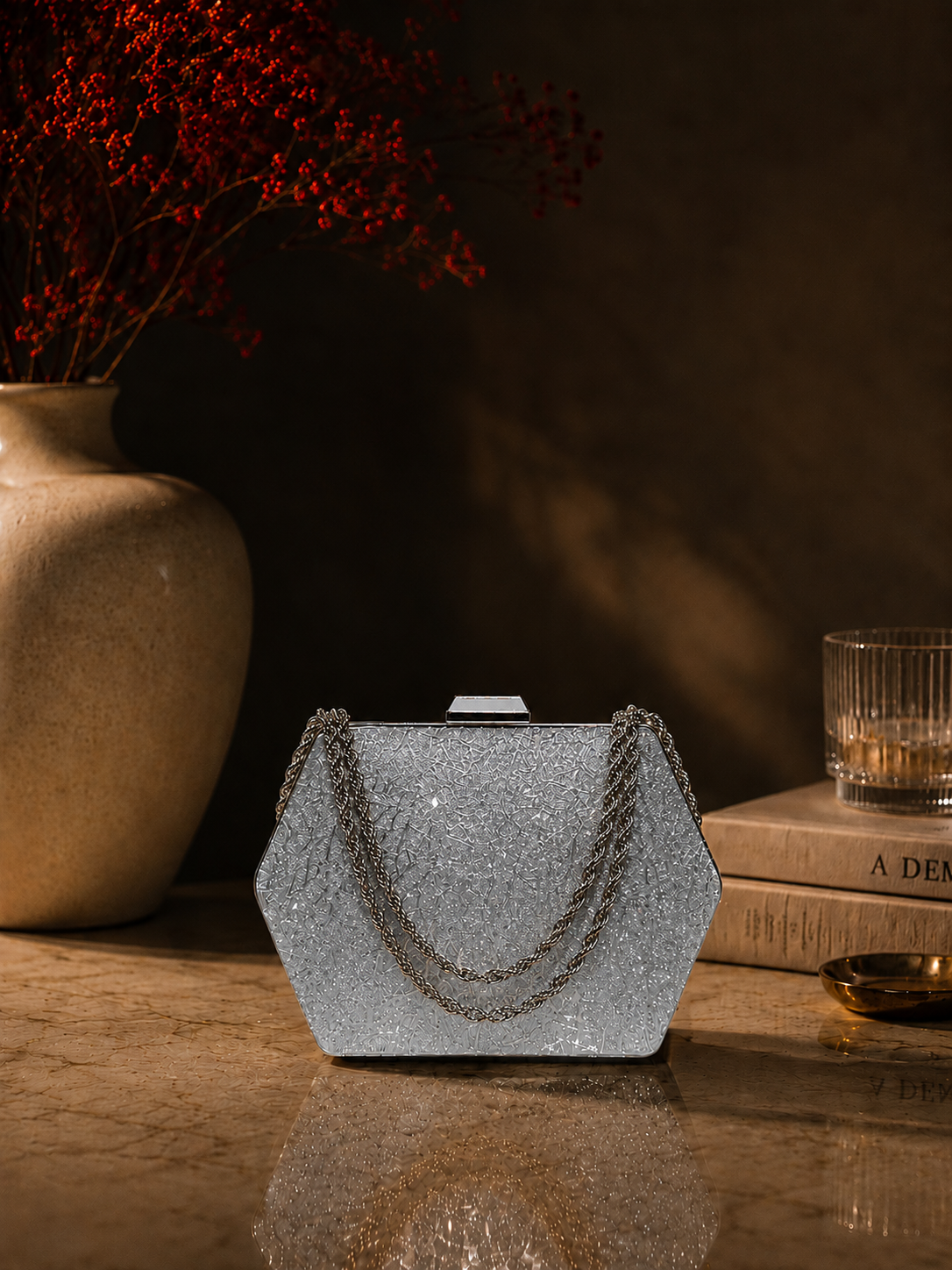 Desenli Parıltılı Portföy El Çantası - Abiye Clutch