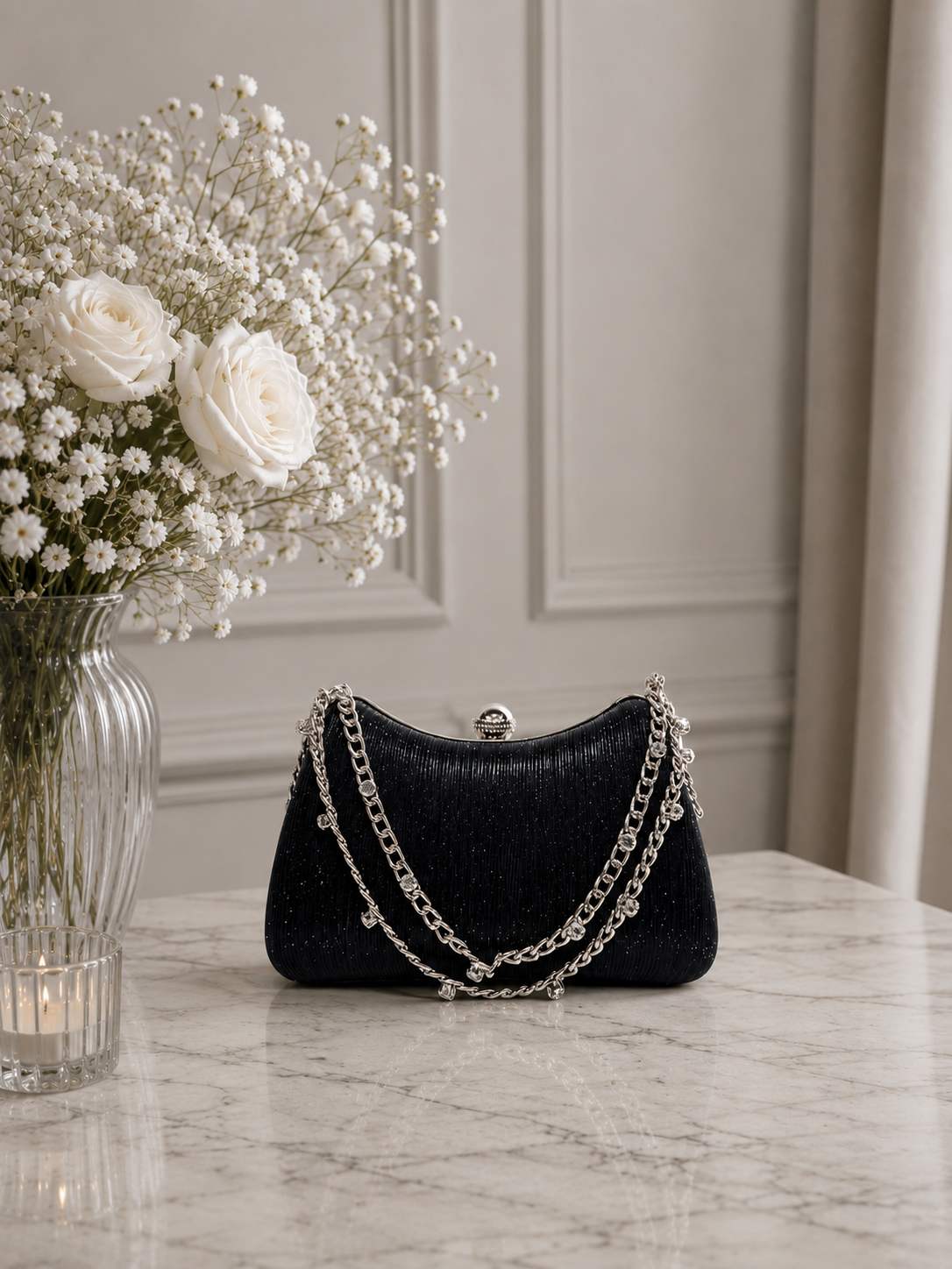 Çizgili Parıltılı Portföy El Çantası - Abiye Clutch