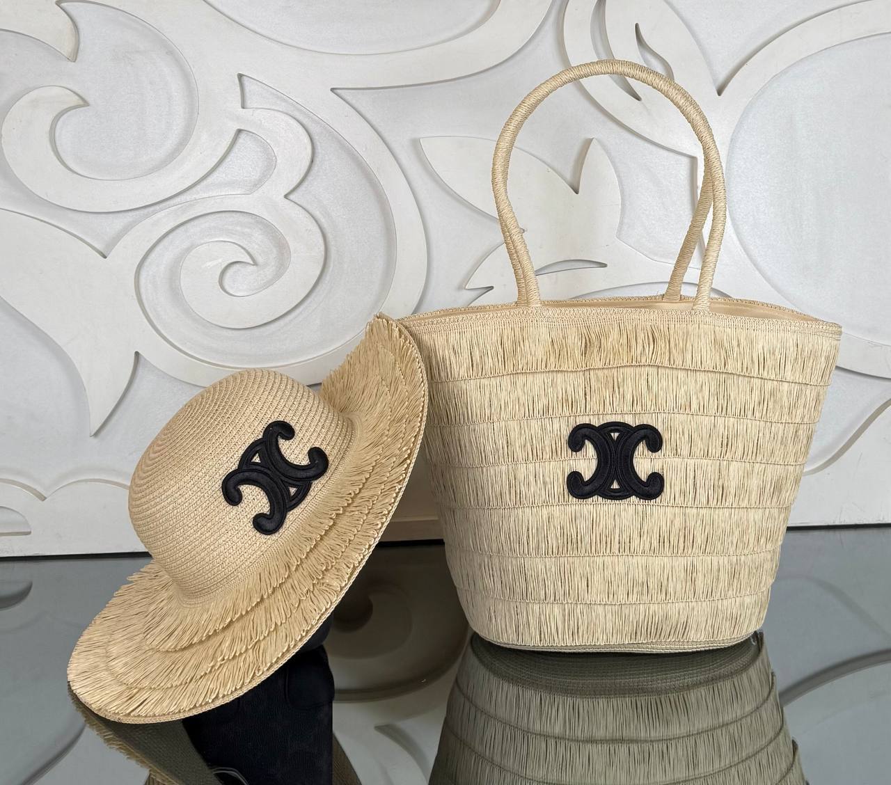 Celine Raffia Tote Bag with Hat (Bag/Hat Set)